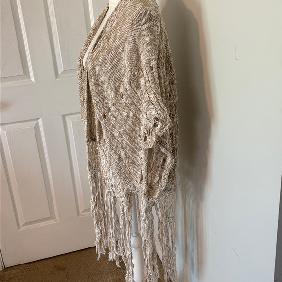Boho Fringe Knit Kimono Cardigan Cream Open Knit Festival Beach Cover Up - Picture 6 of 8